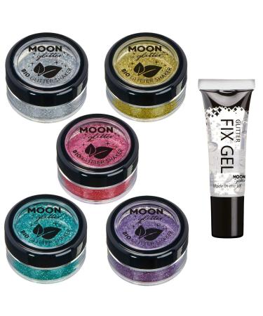 Biodegradable Eco Glitter Shakers by Moon Glitter - 100% Cosmetic Bio Glitter for Face  Body  Nails  Hair and Lips - 5g - Set of 5 - plus Glitter Fix Gel