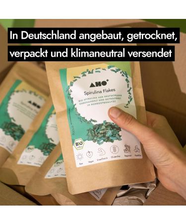 AHO Spirulina Flakes from organic farming in Germany - Organic spirulina rich in protein from Germany - Source of chlorophyll in smoothies as well as salads - Buy Online on GoSupps.com