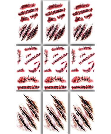 9pcs Horror Realistic Fake Bloody Wound Stitch Scar Scab Waterproof Temporary Tattoo Sticker Halloween Masquerade Prank Makeup Props