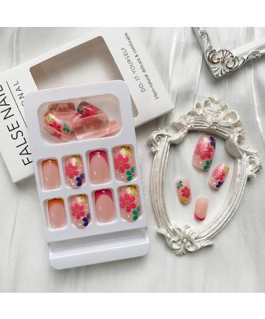 Colorful Flowers French Tip Press On Nails - 24Pcs Square False Nails with Daisy Designs for Women & Girls | Acrylic Full Cover Short Fake Nails for Summer Manicure - Buy Online on GoSupps.com