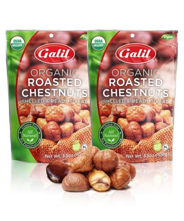 Galil Organic Roasted Chestnuts Pack of 2 - Shelled & Ready to Eat - Gluten Free Vegan Organic Non-GMO Kosher Snacks - Great for Baking Cooking & Turkey Stuffing 3.5oz Bags