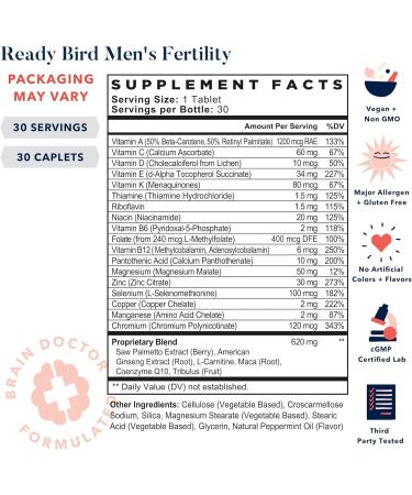 Ready Bird Men's Fertility Vitamins for Conception - Male Prenatal Supplements with Bonus Tips - 30 Count - Buy Online on GoSupps.com