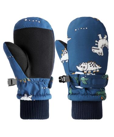 DOBAE Kids Ski Gloves - Toddle Thermal Snow Waterproof Gloves Dinosaur Pattern With Plush Lining Winter Ski Mittens for Toddlers Boys Kids Baby Outdoor Skiing Snowboarding Blue M