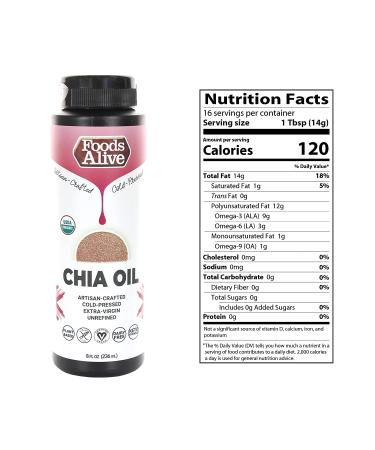 Foods Alive Organic Chia Oil (8oz) - Cold Pressed Chia Seeds, High in ALA Omega 3 | Salad Dressing, Gluten Free, Keto | 8 Fl Oz (Pack of 1) - Buy Online on GoSupps.com