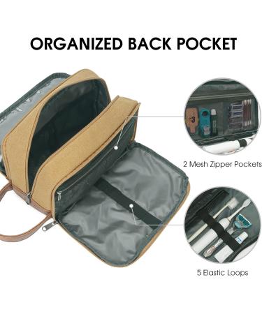 WANDF Travel Toiletry Bag for Men Hanging Dopp Kit Canvas Toiletry Organizer Water-Resistant Vegan Leather Shaving Bag for Toiletries Accessories (Khaki) Brown - Buy Online on GoSupps.com