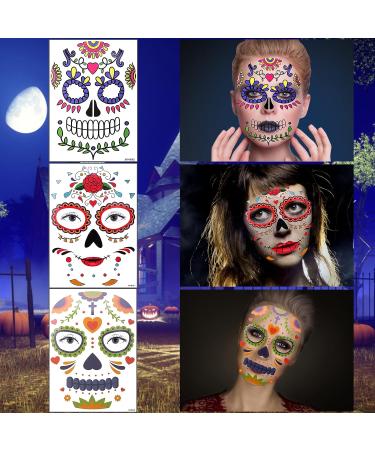 Day of the Dead Sugar Skull Face Tattoos - 13 Pack for Women, Kids - Halloween Makeup Stickers for Masquerade, Rave Party Outfit - Buy Online on GoSupps.com