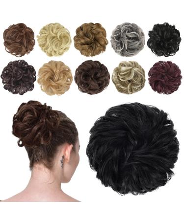 FESHFEN Messy Bun Hair Piece Hair Bun Scrunchies Synthetic Wavy Curly Chignon Ponytail Hair Extensions Thick Updo Hairpieces for Women Girls Kids 1PCS Jet Black 38 g (Pack of 1) 1# Jet Black