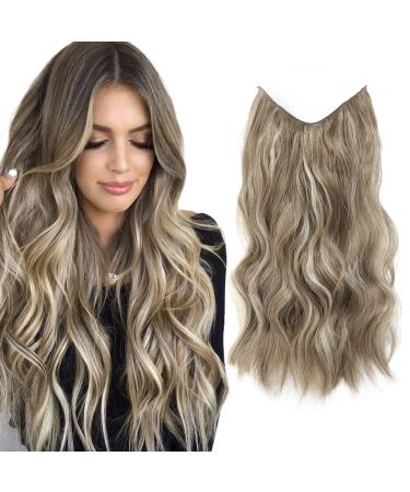 Ash Blonde Hair Extensions with Adjustable Size Removable Clips Synthetic 20inch Invisible Hair Extension One Piece Curly Hair Pieces for Women 20 Inch Light Ash Brown with Blonde Highlights