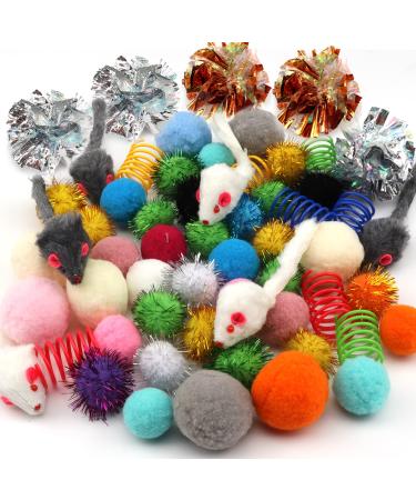 PietyPet 60 Packs Cat Toys Balls Set Spiral Springs Assorted, Kitten Ball Toys Assortments, Sparkle Ball, Cat Mouse Toy, Cat Crinkle Balls, Cat Springs, Furry Cat Toys Balls Soft Pom Pom Balls
