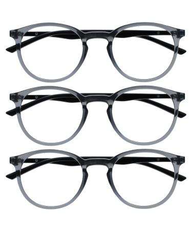 OPULIZE Met - Reading Glasses Blue Light Blocking 3 Pack Slim Round Frame Spring Hinges Improve Sleep Computer Gaming Anti-Reflective Transparent Grey Mens Womens BBB60-7 +2.50