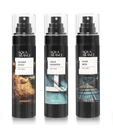 AQUA BLANCE Body Spray for Men Cologne Spray Pack of 3 Each 3.4 Fl Oz Total 10.2 Fl Oz Deodorant for Men Refreshing Fragrance Mist