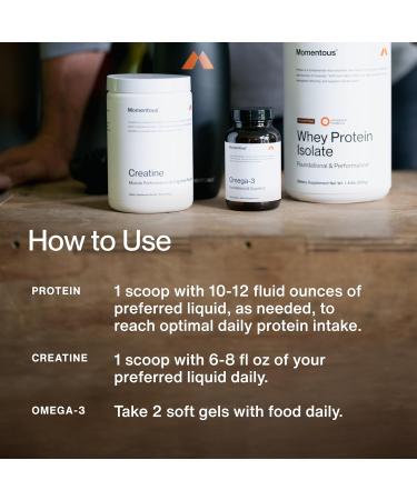 Momentous Three - Creatine Monohydrate Powder (30 Servings), Grass-Fed Whey Protein Powder (Vanilla) & Omega-3 Fish Oil 1600mg - Daily Essentials for Strength, Performance & Lean Muscle Recovery - Buy Online on GoSupps.com