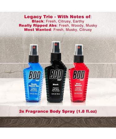 Bod Man Body Spray Holiday Gift Set for Him - 3 Piece Variety Sampler (Black Really Ripped Abs Most Wanted) Perfect for Stocking Stuffers (Pack of 3) 1.8 Fl Oz (Pack of 9) - Buy Online on GoSupps.com