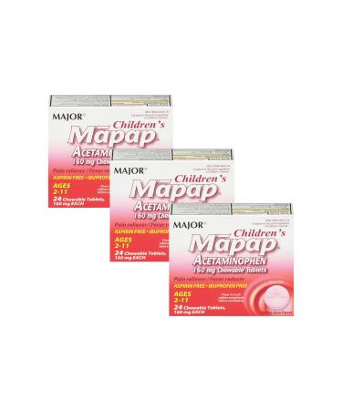 MAJOR Children s Mapap Acetaminophen 160 mg Chewable Tablets - Pain Reliever/Fever Reducer - Aspirin Free - Ibuprofen Free - for Ages 2 to 11-24 Count (3 Pack) 24 Count (Pack of 3)