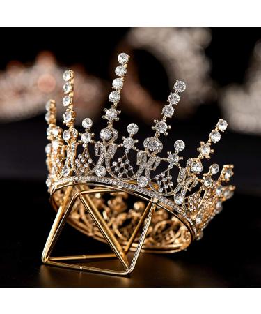 SWEETV Queen Crown for Women, Full Round Wedding Tiara, Rhinestone Birthday Crown for Cake Topper, Costume Hair Accessories for Prom Party, Gold