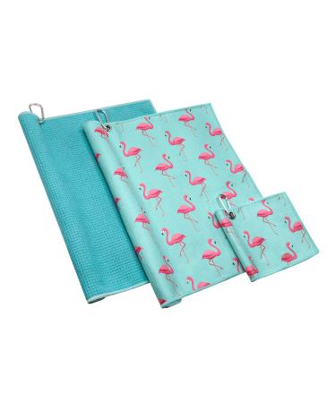 Playing It Forward Flamingo Golf Towel for Golf Bags with Clip for Men & Women, Premium Set of 3 Microfiber Waffle Pattern Golf Towel with Small Golf Ball Towel, Super Absorbent and Quick Dry. (Aqua)