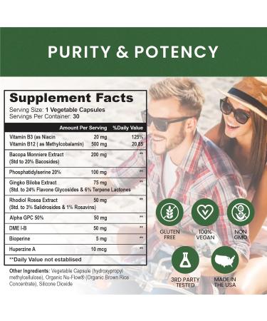 Whole Nature Brain Booster Nootropics - Brain Shield with Ginkgo Biloba Alpha GPC and Bacopa Monnieri Vitamin B12 B3 - Support Focus Memory & Clarity Energy & Stress Relief. (1) - Buy Online on GoSupps.com