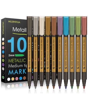 MUJINHUA Metallic Marker Pens, Set of 10 Colors Paint Markers for Black Paper, Rock Painting, Scrapbooking Crafts, Card Making, Ceramics, DIY Photo Album, Ceramic, Glass and More(Medium tip)