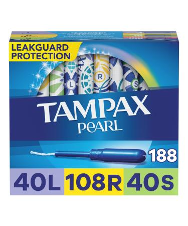 Tampax Pearl Plastic Tampons Light/Regular/Super Absorbency Multipack 188 Count Unscented (47 Count Pack of 4 - 188 Count Total) - Packaging May Vary