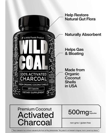 Organic Coconut Shell Activated Charcoal Capsules for Digestion & Gas Relief - Hangover & Bloat Aid - 120 Non-GMO Capsules - Lab Tested USA Made - Buy Online on GoSupps.com