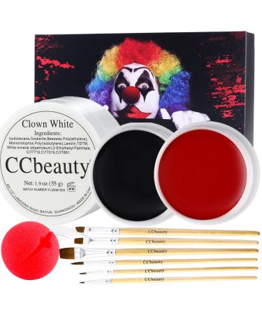 CCbeauty Clown Makeup Kit Professional White Black Red Face Paint Foundation Cream, 6 Brushes,Red Nose for Halloween Special Effects SFX Joker Skeleton Vampire Zombie Cosplay Dress Up Makeup 01# Clown White + Black + Red F