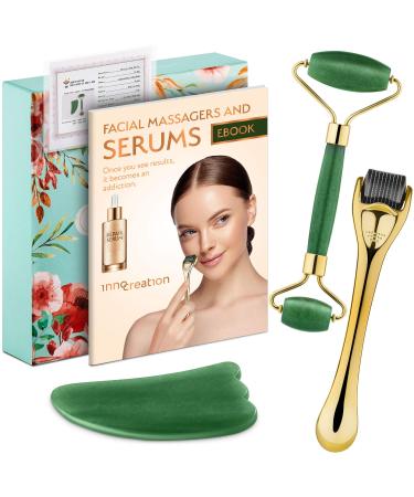 3-in-1 Derma Roller Jade Roller and Gua Sha Facial Tool Set. With Titanium Microneedle Roller REAL Stone Jade Face Roller and Eye Roller Guasha Scraper and Serum Guide. Safe Microneedling at Home