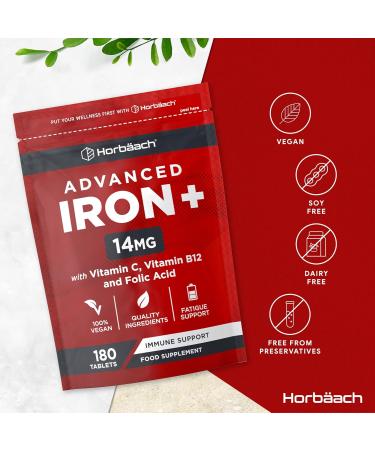 Iron Tablets High Strength | Iron Complex with Vitamin C Folic Acid & Vitamin B12 | Supplement for Men & Women | 180 Vegan Tablets | by Horbaach - Buy Online on GoSupps.com