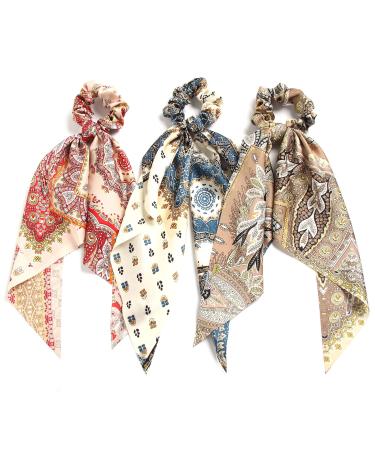 Pack of 3 Girl's Knotted Retro Bow Hair Scrunchies Elastic Bohemia Hair Scarf Paisley Ribbon Hair Ties Bands Satin hair accessories Scrunchy Ponytail Holder for Women (Paisley)