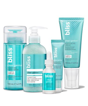 Bliss Clear Genius Clarifying Kit: Clear Genius Face Wash Toner + Serum Acne Spot Treatment Acne Body Spray and Overnight Liquid Peel