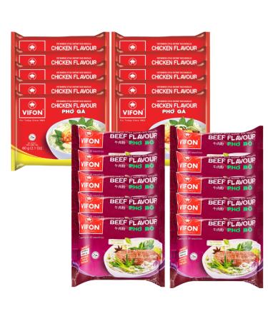 Vifon Vietnamese Style Instant Rice Noodles Beef & Chicken Flavour (Pho Bo & Pho Ga) 60g (Pack of 20)