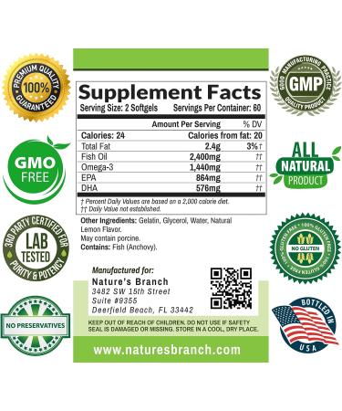 Triple Strength Omega 3 Fish Oil 2400mg Burpless Lemon Flavor - High Potency 864mg EPA 576mg DHA - Brain, Joints, Eyes, Heart Health - 120 Capsules - Buy Online on GoSupps.com