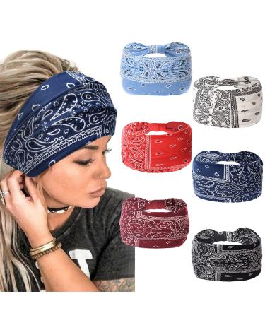 Yeshan Wide Bandana Headbands for Women Large Turban Headbands Stretch Knotted Head Wraps Floral Elastic Yoga Hair Bands Thick Headbands for Black Women and Girls No10(new paisley colors 6 pcs)
