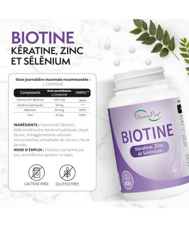 VitaminPure - Biotine Cheveux avec K ratine Zinc et S l nium 400 Micro-Comprim s avec Vitamine B7 - Compl ment Alimentaire pour Femmes et Hommes - Cure Plus de 13 Mois - Buy Online on GoSupps.com