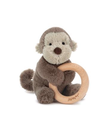 Jellycat Shooshu Monkey Wooden Ring Baby Rattle Teething Toy 6 inches