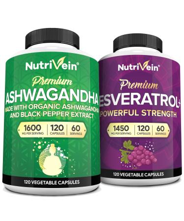 Nutrivein Premium Ashwagandha Capsules & Resveratrol Supplement Bundle: High-Absorption Resveratrol Capsules and Ashwagandha Supplements for Balance, Vitality, & Repair