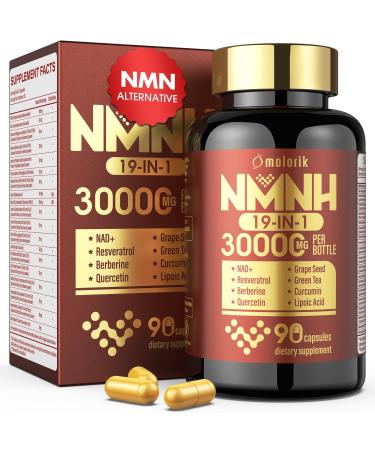 19 in 1 NMNH (Dihydronicotinamide Mononucleotide) 1000mg Per Serving Nad Supplement Boost NAD+ Levels Nad Resveratrol Supplement with Quercetin Vitamin D3 K2 Healthy Aging Energy 90 Capsules 90 Count (Pack of 1) Red
