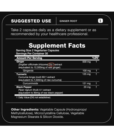 Toniiq Ginger Root Capsules Ultra High Potency 25:1 Extract with 20% Gingerols with Curcumin & Black Pepper for Synergy Lab Tested 60 Capsules 60 Count (Pack of 1) - Buy Online on GoSupps.com
