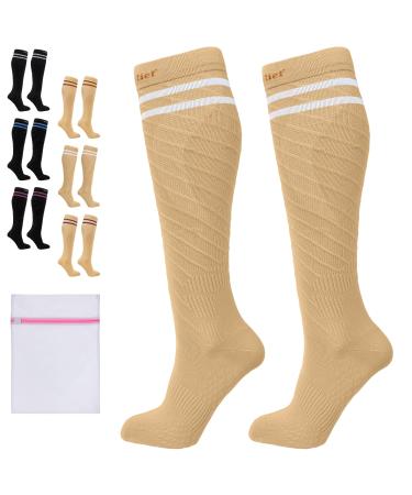 360 RELIEF - Flight Compression Socks Supports | Blood Circulation Travel Work XXL 2Pairs-Beige with 2 White lines