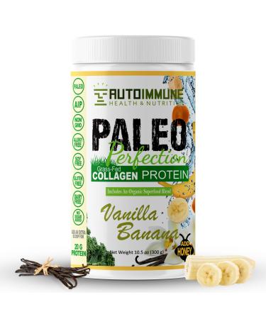 Paleo Perfection Vanilla Banana Grass Fed Beef Collagen Protein Powder without Stevia - Paleo Keto SCD AIP Protein Powder with Apple Fiber Carrot & Broccoli - 300g Protein Powder & Superfood Blend Vanilla Banana (No Ste