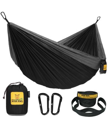 Wise Owl Outfitters Camping Hammock - Portable Hammock, Camping Accessories Single or Double Hammock for Outdoor, Indoor w/Tree Straps Black & Grey Large