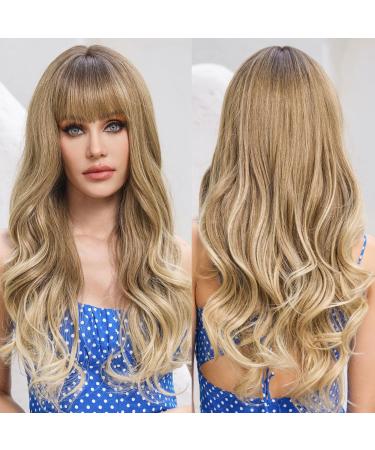EMMOR Ombre Ash Blonde Wavy Wigs for Women Long Curly Wigs with Bangs Heat Resistant Fiber Synthetic Wig Natural looking Daily Use 56Ash Blonde Ombre - Buy Online on GoSupps.com
