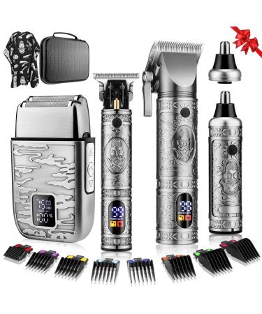Qreeyx Hair Clippers for Man T-Blade Trimmer Nose Hair Trimmer Electric Shaver Set Professional 4 in 1 Barber Clippers Set for Haircut Men s Grooming Kit with LCD Display Ideal Gift for Him Silver