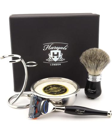 Haryali London Men's Shaving Set - 5 Razors Badger Hair Brush Stand Soap & Bowl - Premium Black Grooming Kit for International Shipping - Buy Online on GoSupps.com