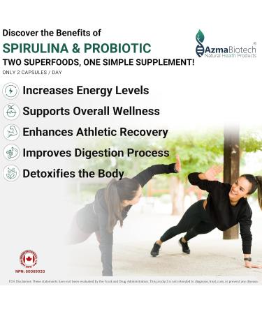 AzmaBiotech Organic Spirulina with Probiotics 1000mg Per Serving 60 Vegan Capsules 10 Billion CFU Supports Digestion Energy & Immune Health Nutrient-Rich Superfood for Women & Men 30-Day Supply Made in Canada Spirulina Probiotics - Buy Online on GoSupps.com
