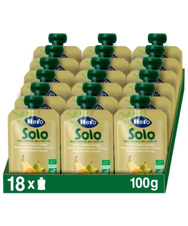 Hero Solo Organic Bottle of Banana Pear and Orange 100% Natural Organic Fruit Puree Compote without Added Sugar Gluten Free for Babies from 4 Months Pack of 18 x 100 g