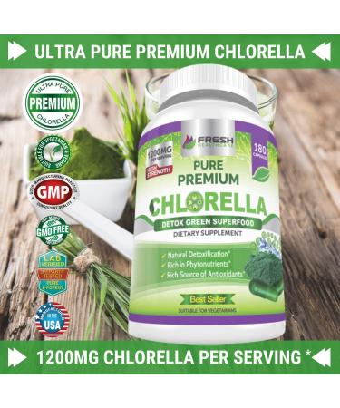 Fresh Healthcare Premium Chlorella Supplement - 1200mg Vegan Capsules for Natural Detox & Nutrition - 180 Pills with Chlorophyll, B Vitamins & Minerals - Buy Online on GoSupps.com