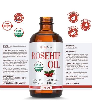 BodyJ4You Rosehip Oil for Face - 100% Pure Natural USDA Organic Cold Pressed - Hydrating Skin Hair Nails Anti-Aging Wrinkle Scar Treatment Gua Sha - Non-GMO Undiluted Carrier - Glass Bottle 1 Fl Oz 1 Fl Oz (Pack of 1) - Buy Online on GoSupps.com