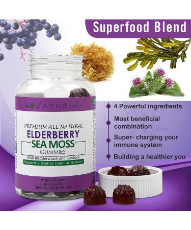Sambucus Elderberry & Sea Moss Gel Gummies with Bladderwrack, Burdock, Vitamin C, D & Zinc - Immune Support for Adults & Kids - Vegan, Gluten-Free, Kosher, Non-GMO - 60 ct - Buy Online on GoSupps.com