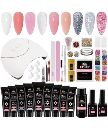 EBANKU Poly Nail Gel Kit 9 Colors Nail Extension Gel Builder Gel Kit with Lamp False Nail Tips Slip Solution Complete Poly Gel Beginner Starter Kit for Women Manicure