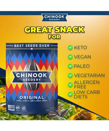 Chinook Seedery Roasted Jumbo Sunflower Seeds - Keto Snacks - Gluten Free, Non GMO - 4 oz (Pack of 12) - Original Flavor - Buy Online on GoSupps.com